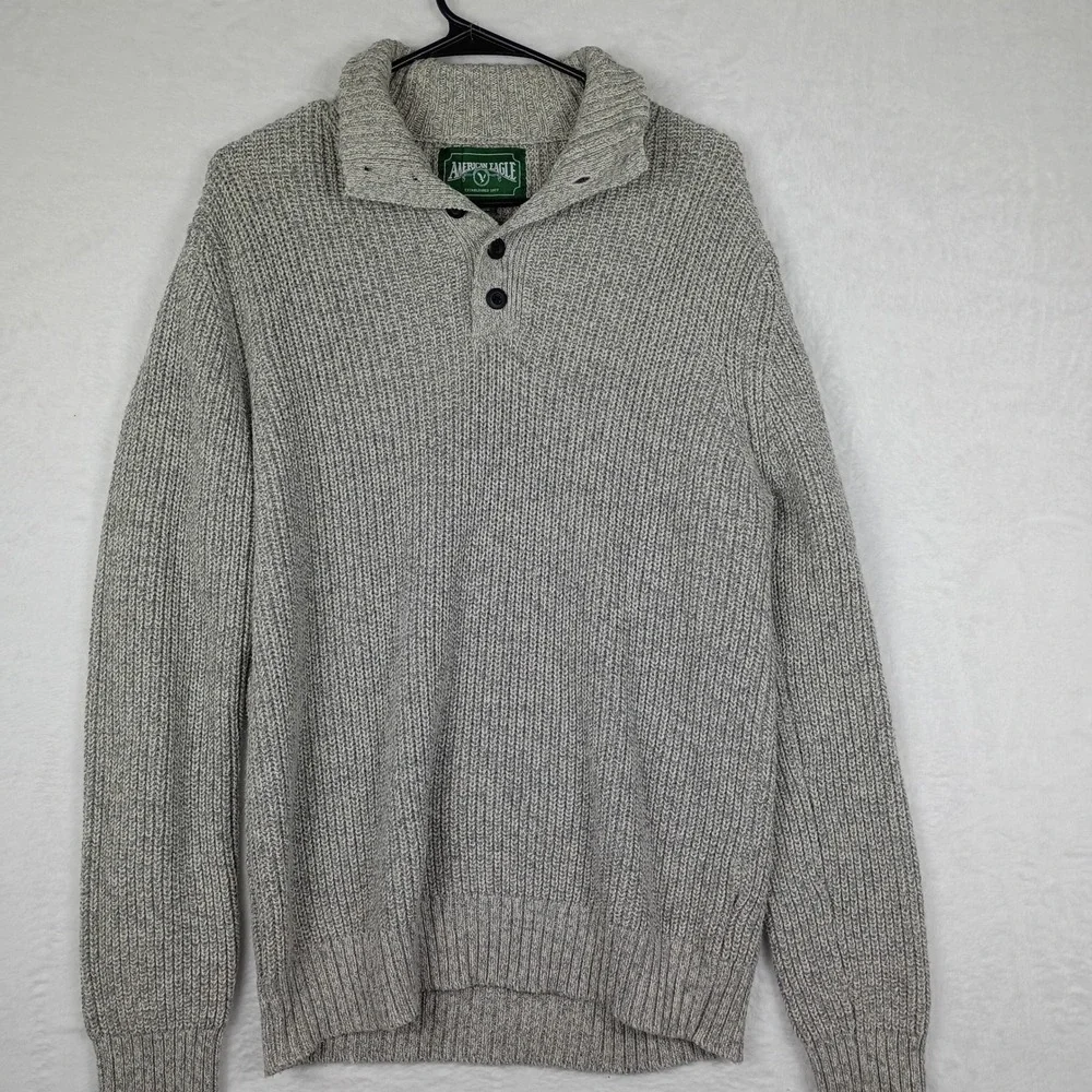 American‎ Eagle Mens Mock Neck Button Sweater Grey Marled Ribbed Knit Medium